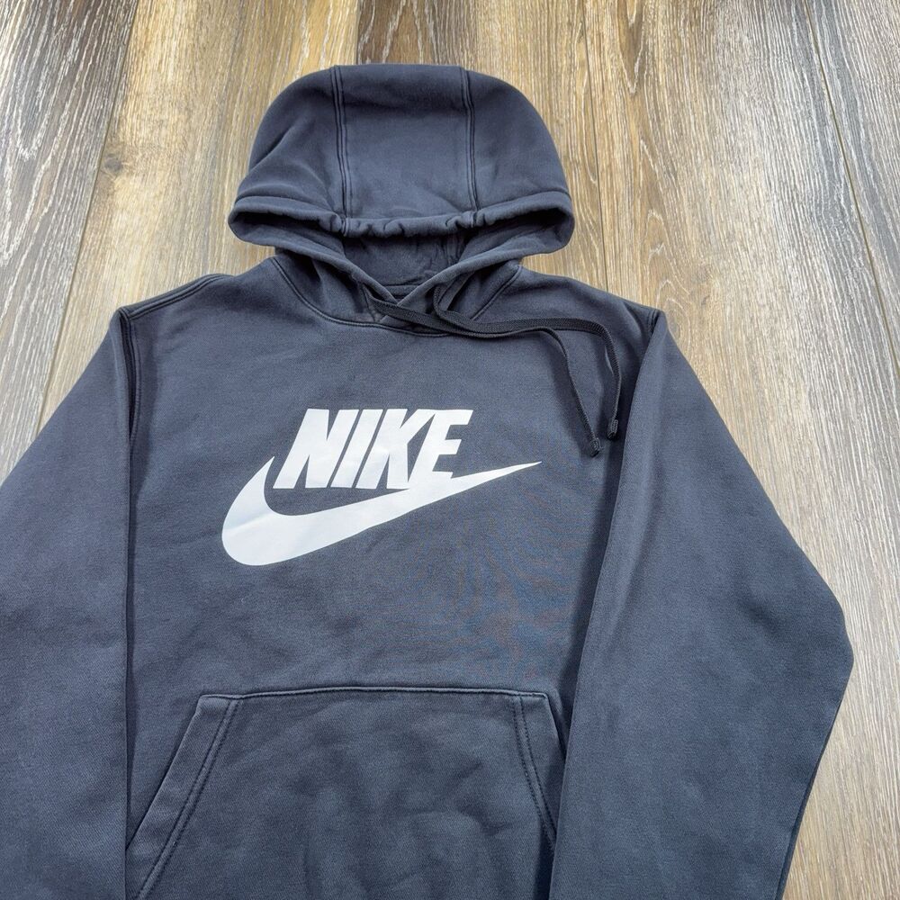 Vintage Nike Hoodie Mens M Black Sweatshirt Big Swoosh Check Spellout Sweater J